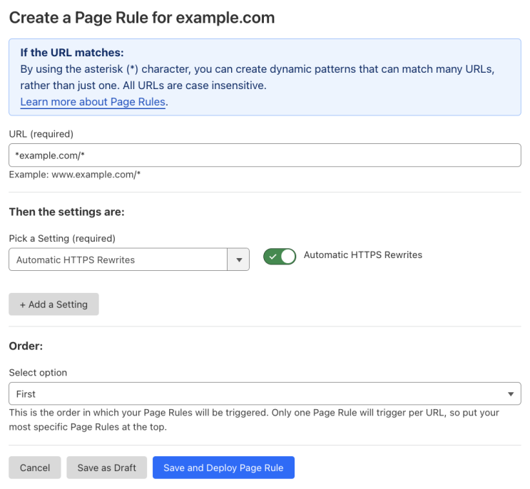 Example Page Rule with ‘Automatic HTTPS Rewrites’ setting