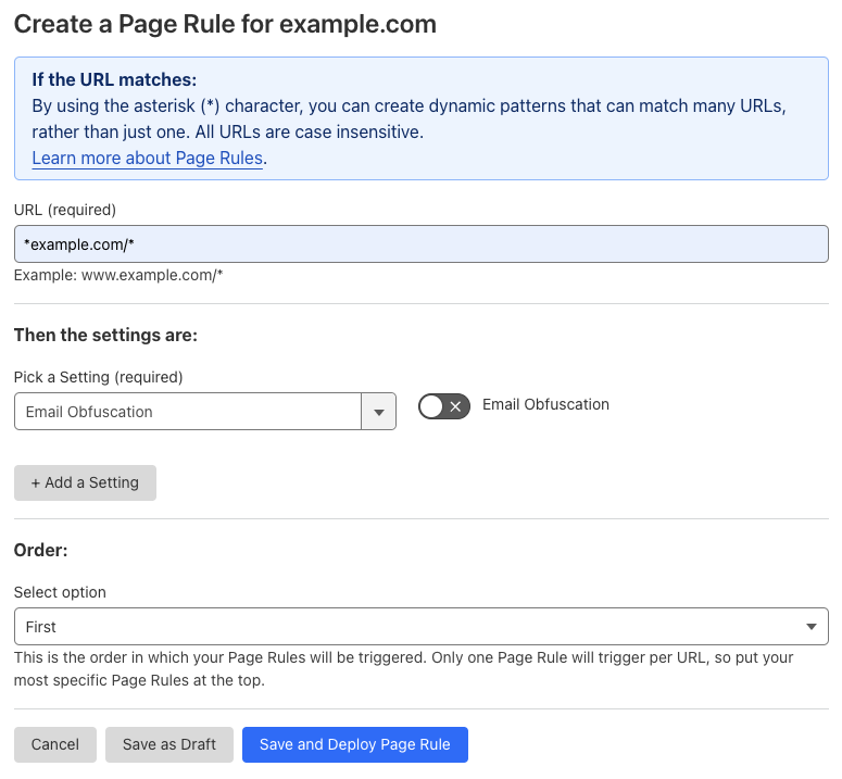 Example Page Rule with ‘Email Obfuscation’ setting